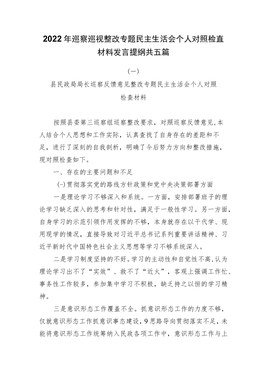 2022年巡察巡视整改专题民主生活会个人对照检查材料发言提纲共五篇.docx_第1页