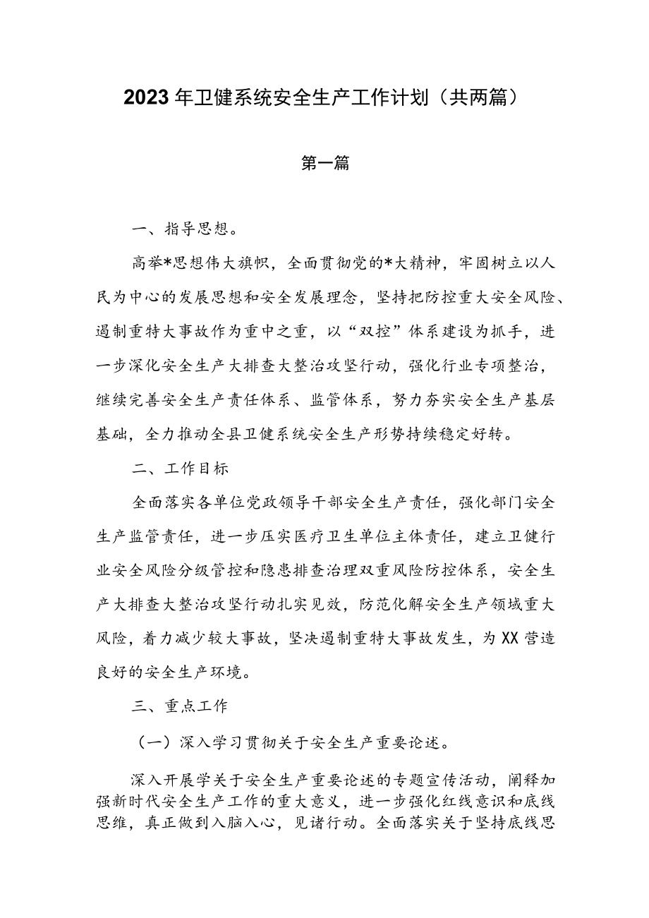 2023年卫健系统安全生产工作计划（共两篇）.docx_第1页