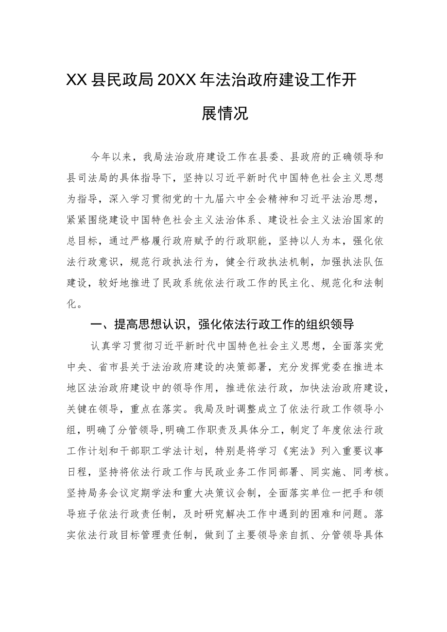 XX县民政局20XX年法治政府建设工作开展情况（20220112）.docx_第1页