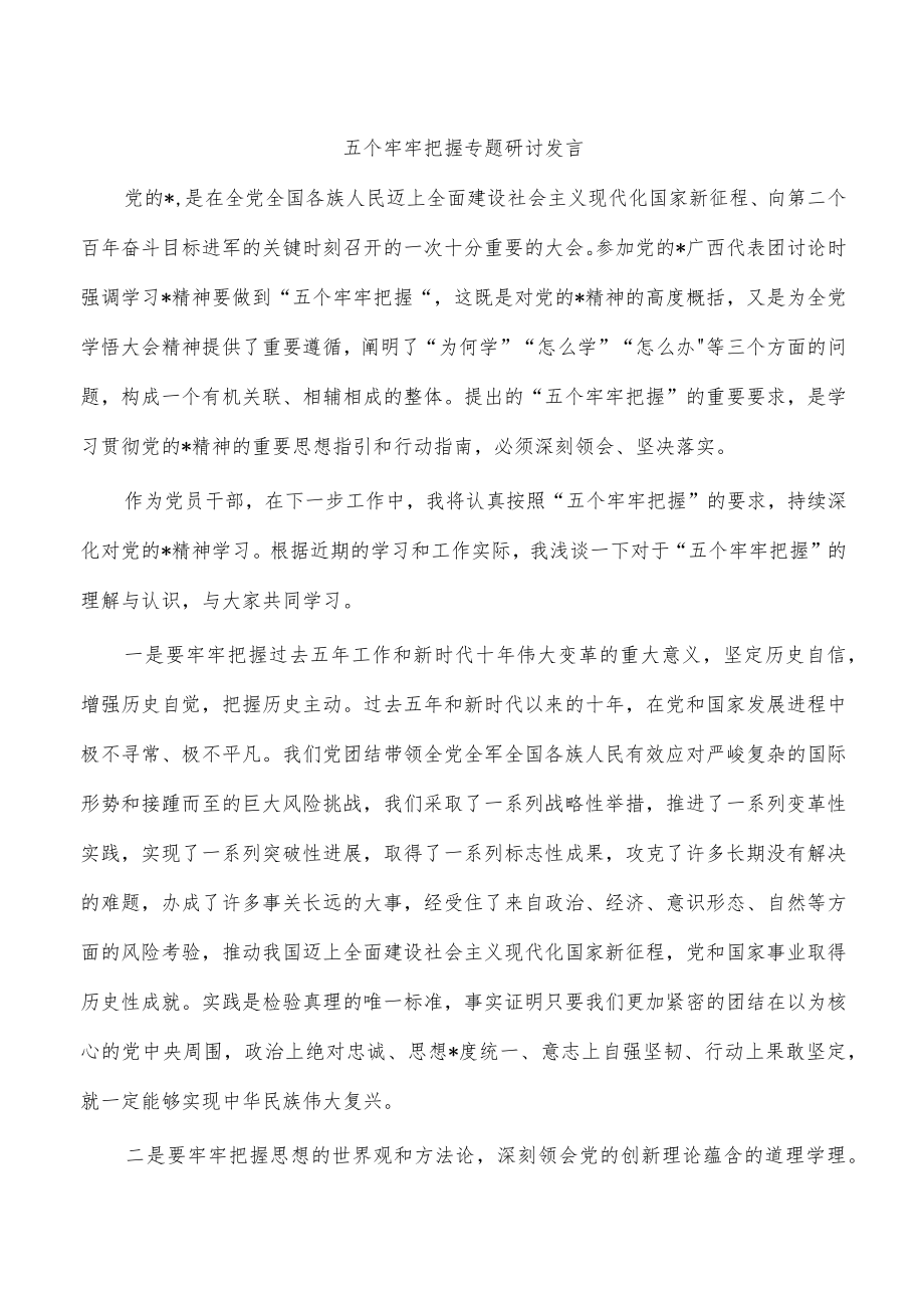 五个牢牢把握专题研讨发言.docx_第1页