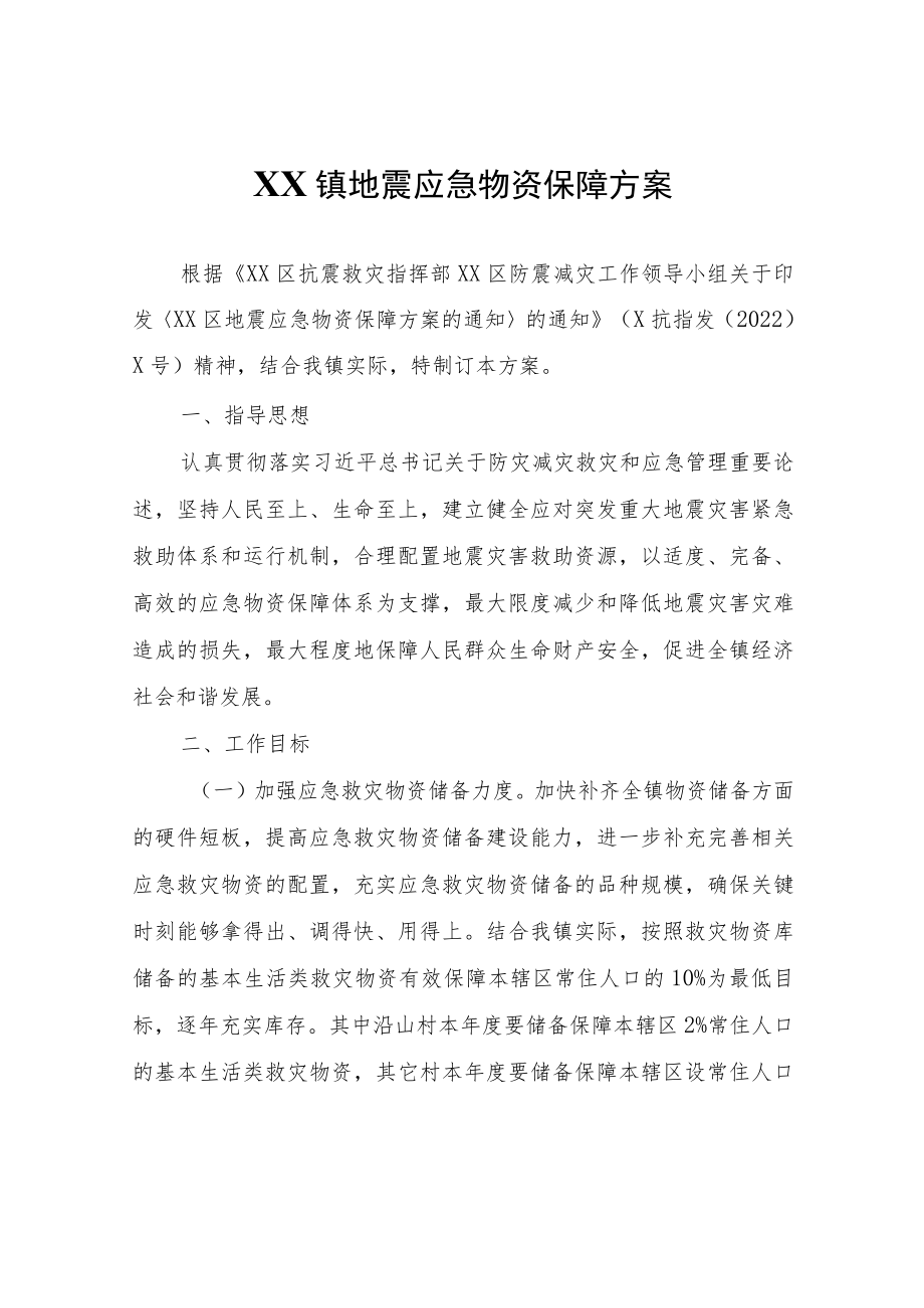 XX镇地震应急物资保障方案.docx_第1页