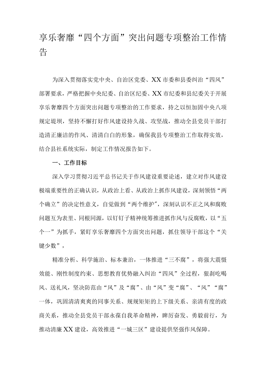 享乐奢靡“四个方面”突出问题专项整治工作情况报告.docx_第1页