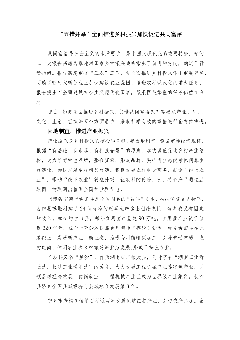 “五措并举”全面推进乡村振兴 加快促进共同富裕.docx_第1页