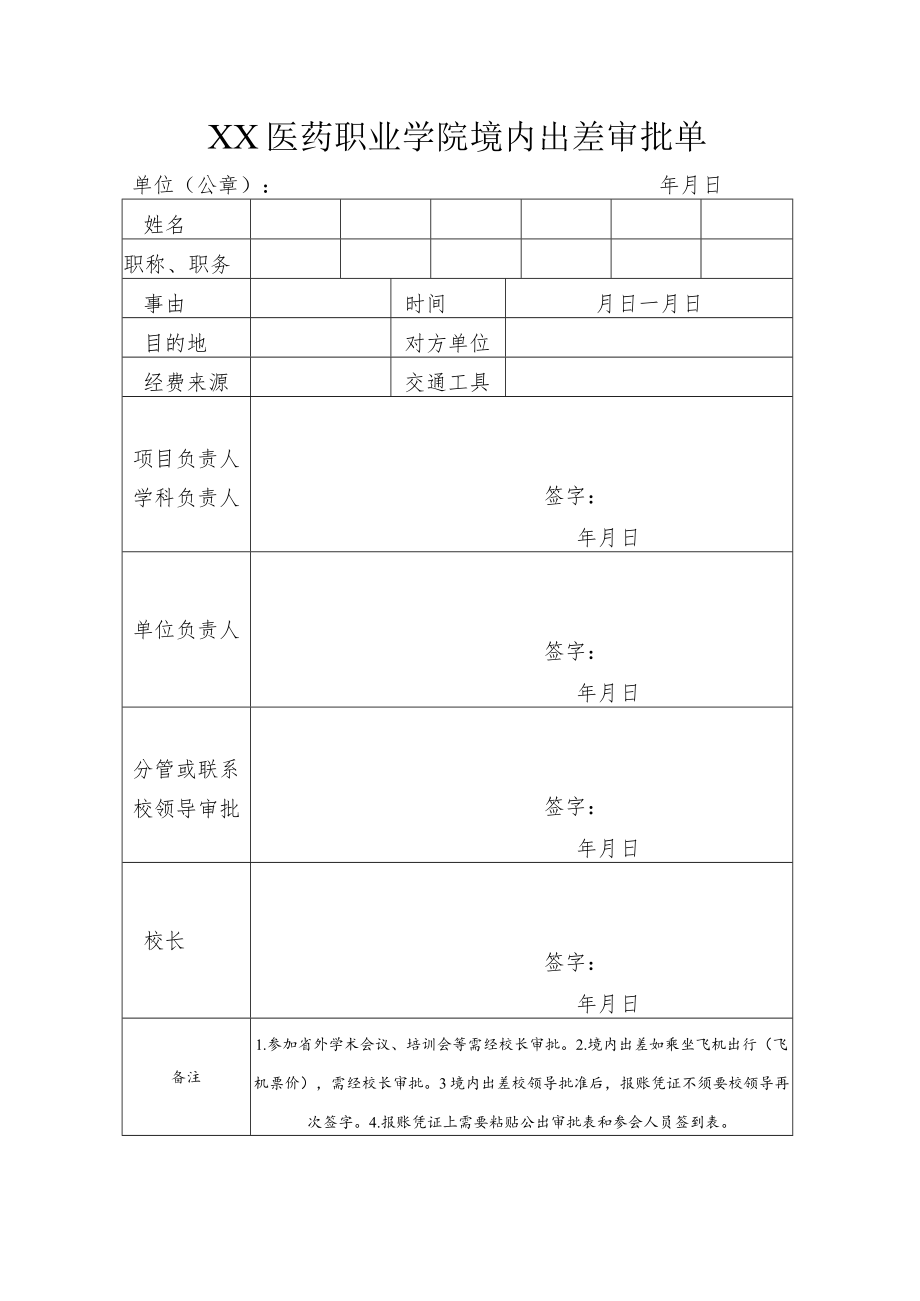 XX医药职业学院境内出差审批单.docx_第1页