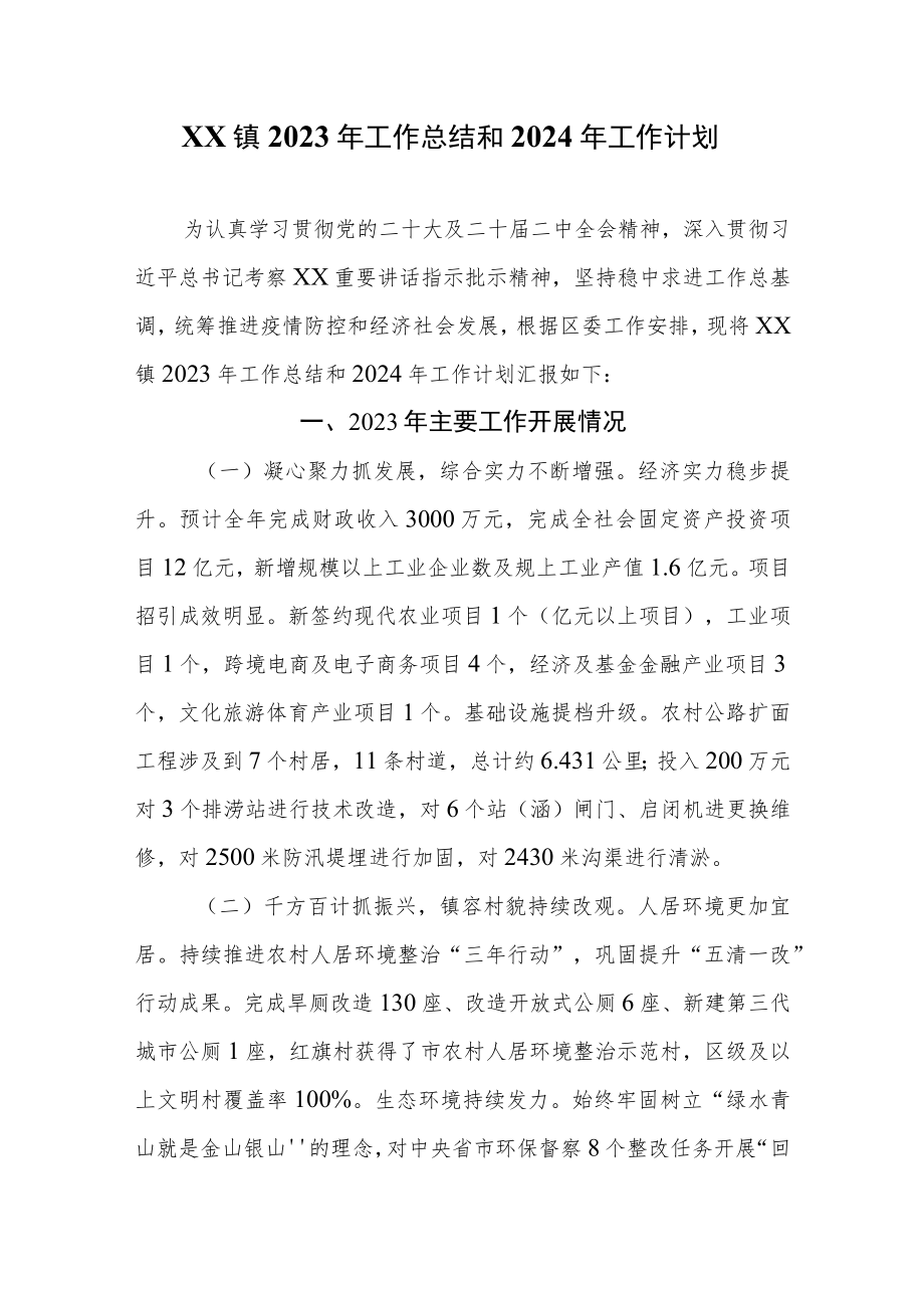 XX镇2023年工作总结和2024年工作计划.docx_第1页