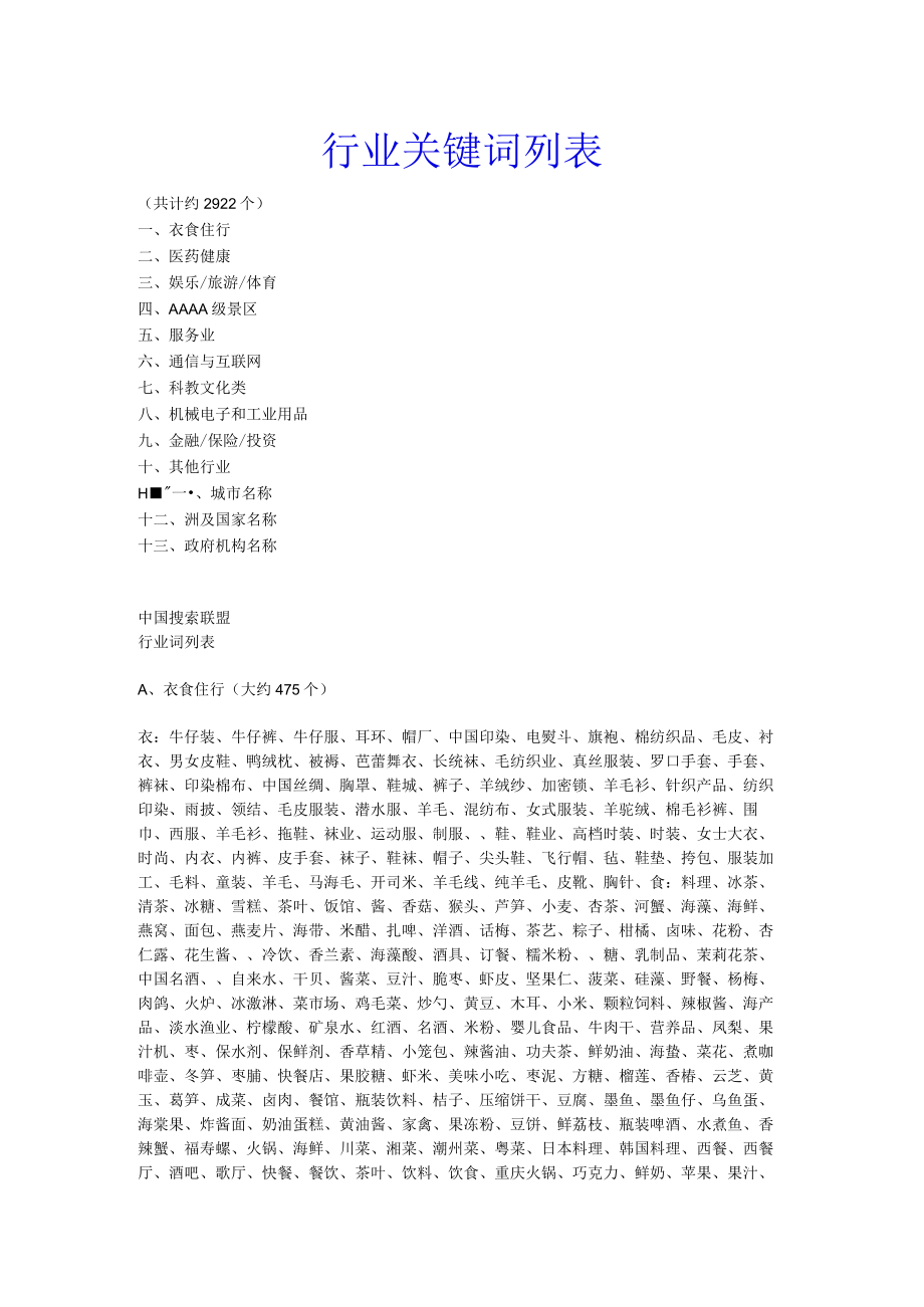 中国行业关键词列表大全.docx_第1页