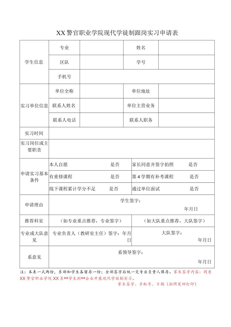 XX警官职业学院现代学徒制跟岗实习申请表.docx_第1页