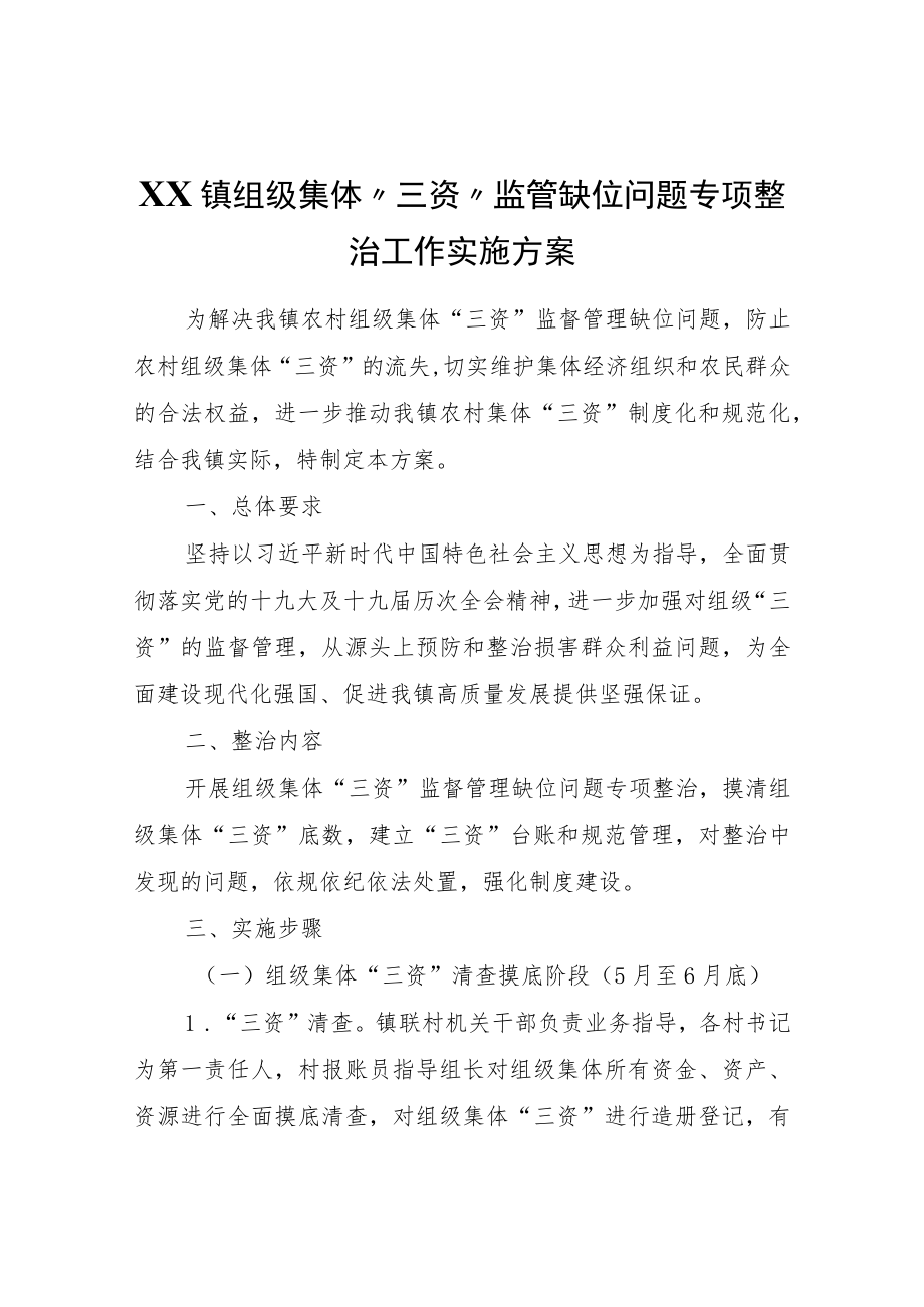 XX镇组级集体“三资”监管缺位问题专项整治工作实施方案.docx_第1页