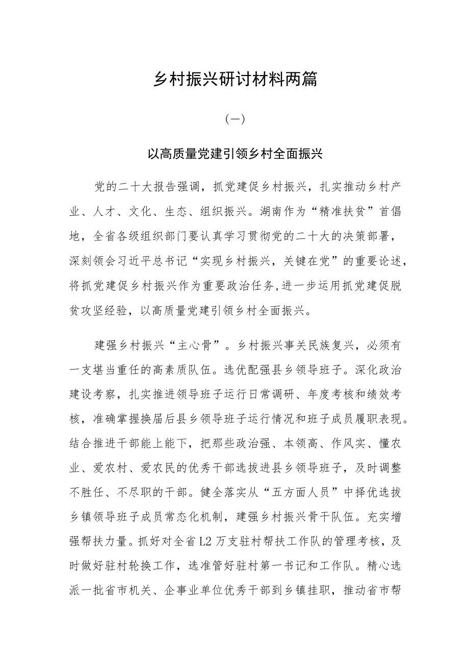 乡村振兴研讨材料：以高质量党建引领乡村全面振兴两篇.docx_第1页