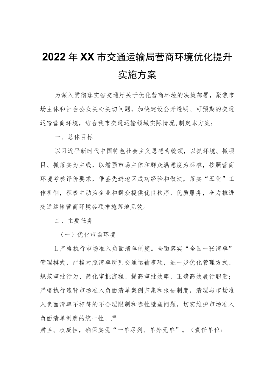 2022年XX市交通运输局营商环境优化提升实施方案.docx_第1页