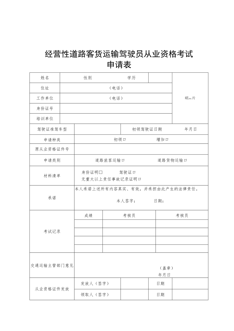 2022经营性道路客货运输驾驶员、道路危险货物运输从业人员从业资格考试申请表、资格证式样、格证件换发、补发、变更登记表.docx_第1页