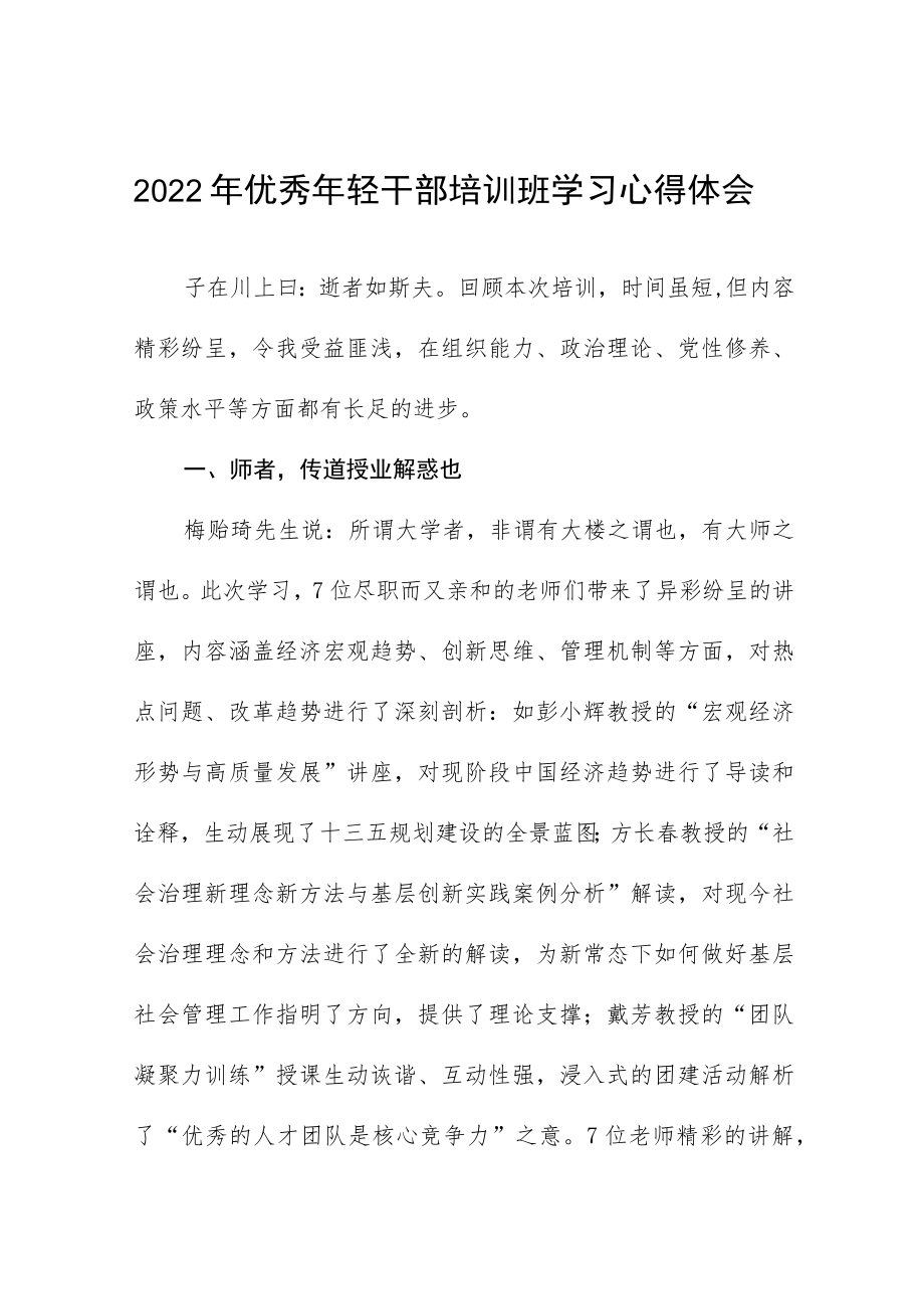 2022年优秀年轻干部培训班学习心得体会九篇范文.docx_第1页