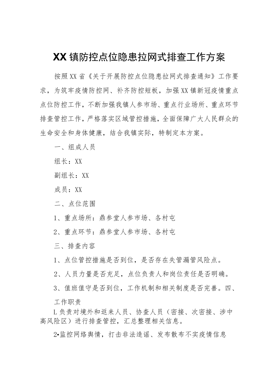 XX镇防控点位隐患拉网式排查工作方案.docx_第1页