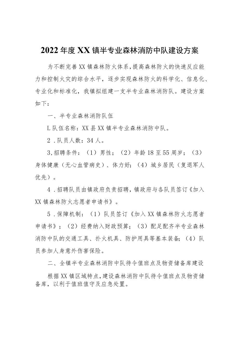 2022年度XX镇半专业森林消防中队建设方案.docx_第1页