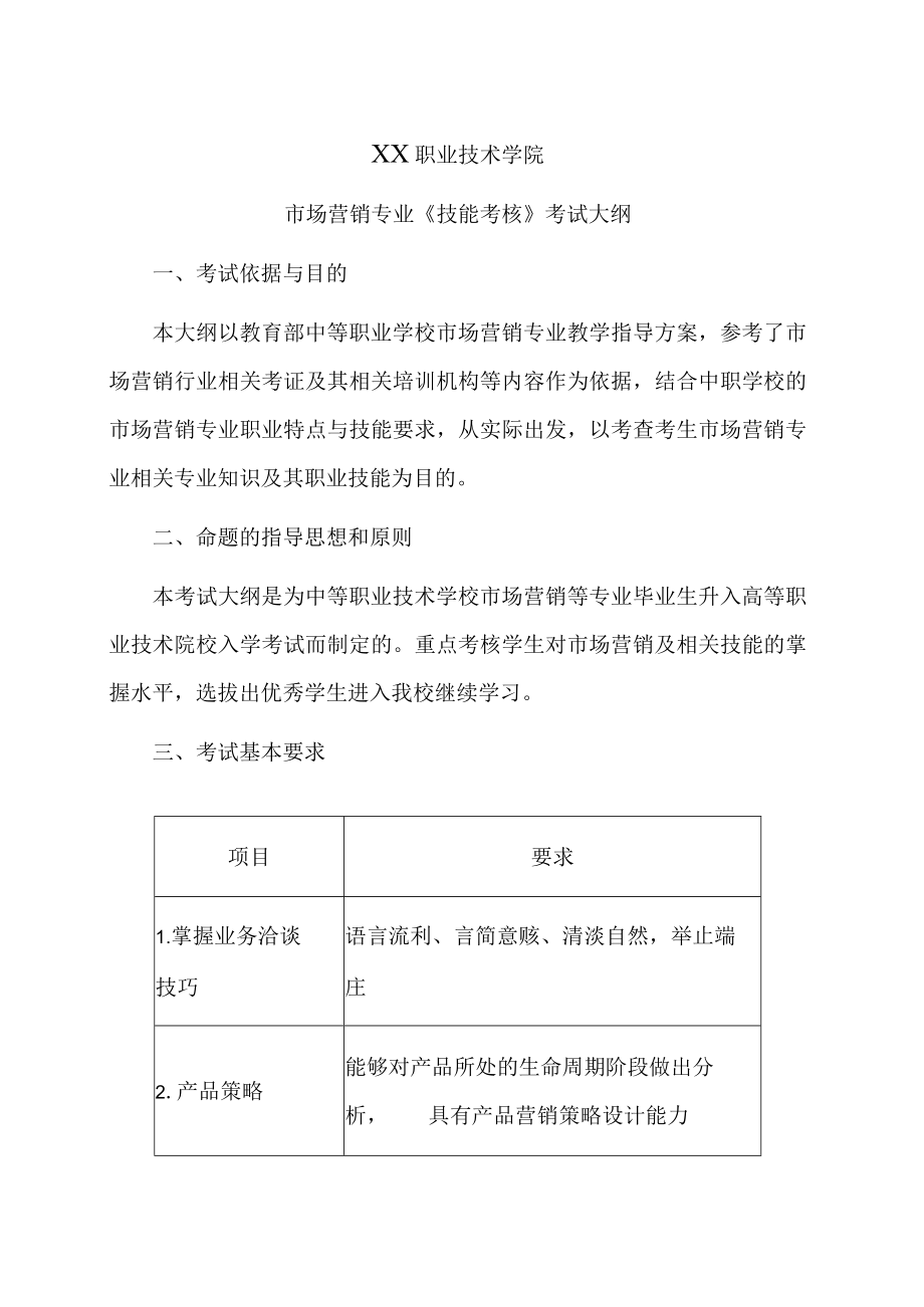 XX职业技术学院市场营销专业《技能考核》考试大纲.docx_第1页