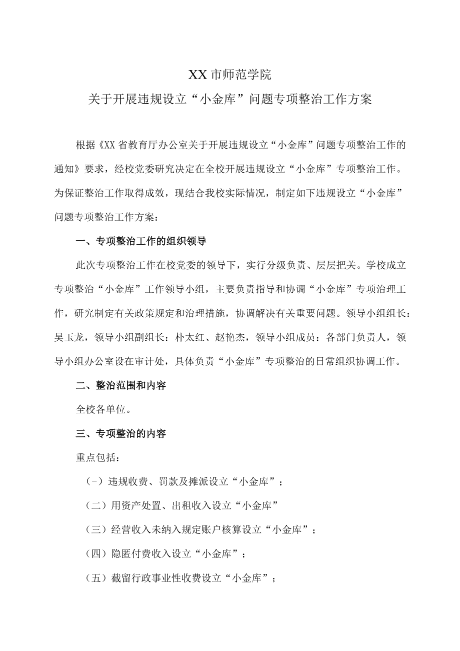 XX市师范学院关于开展违规设立“小金库”问题专项整治工作方案.docx_第1页