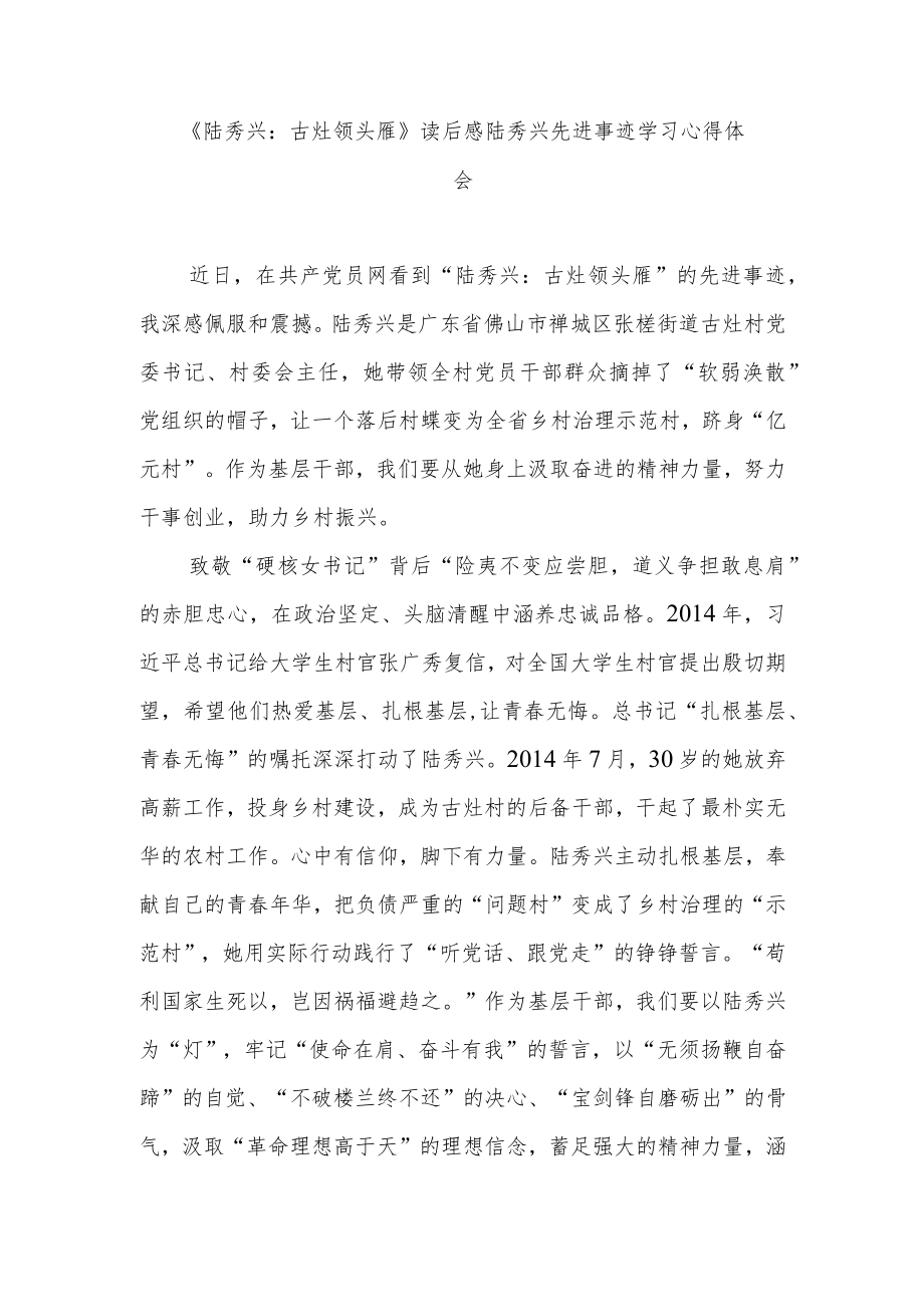 《陆秀兴：古灶领头雁》读后感陆秀兴先进事迹学习心得体会2篇.docx_第1页