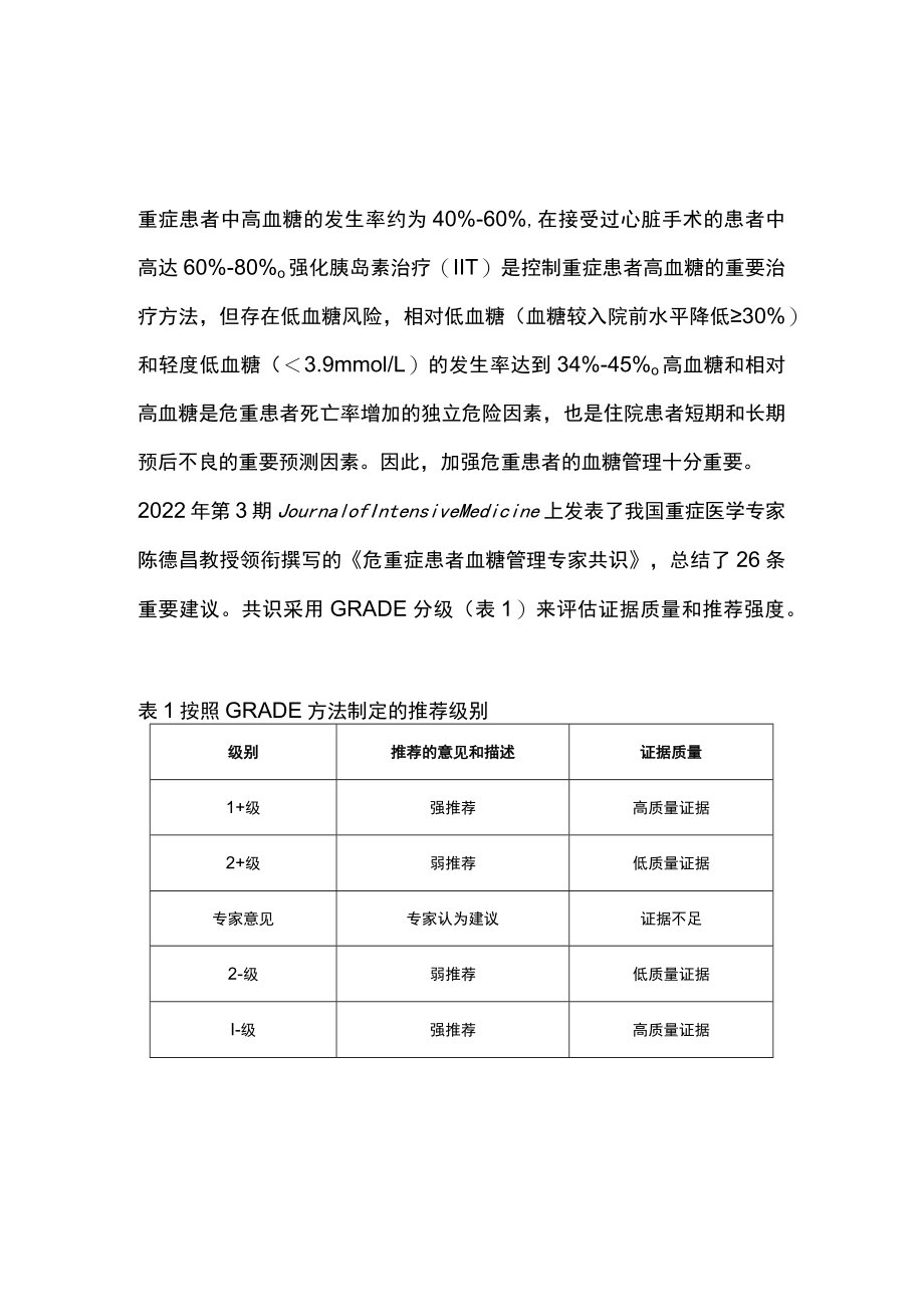 2022危重症患者血糖管理专家共识推荐要点（第一部分）.docx_第1页