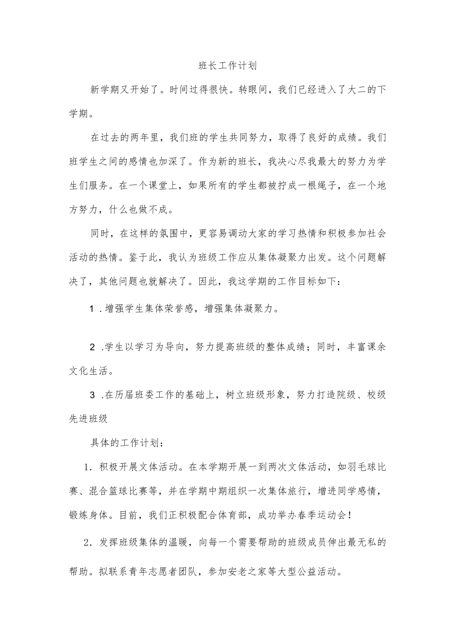 班长工作计划.docx_第1页