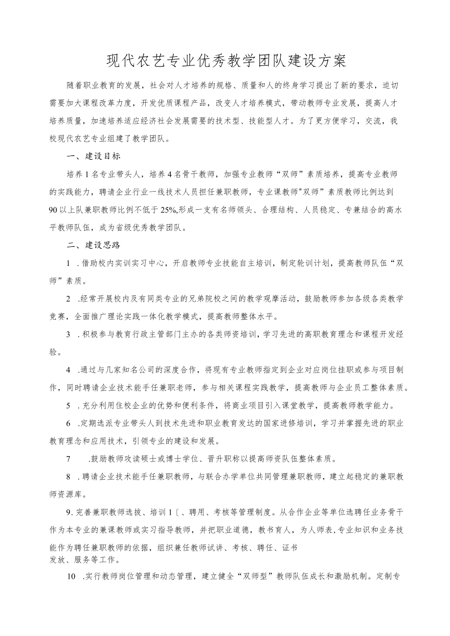 现代农艺专业优秀教学团队建设方案.docx_第1页