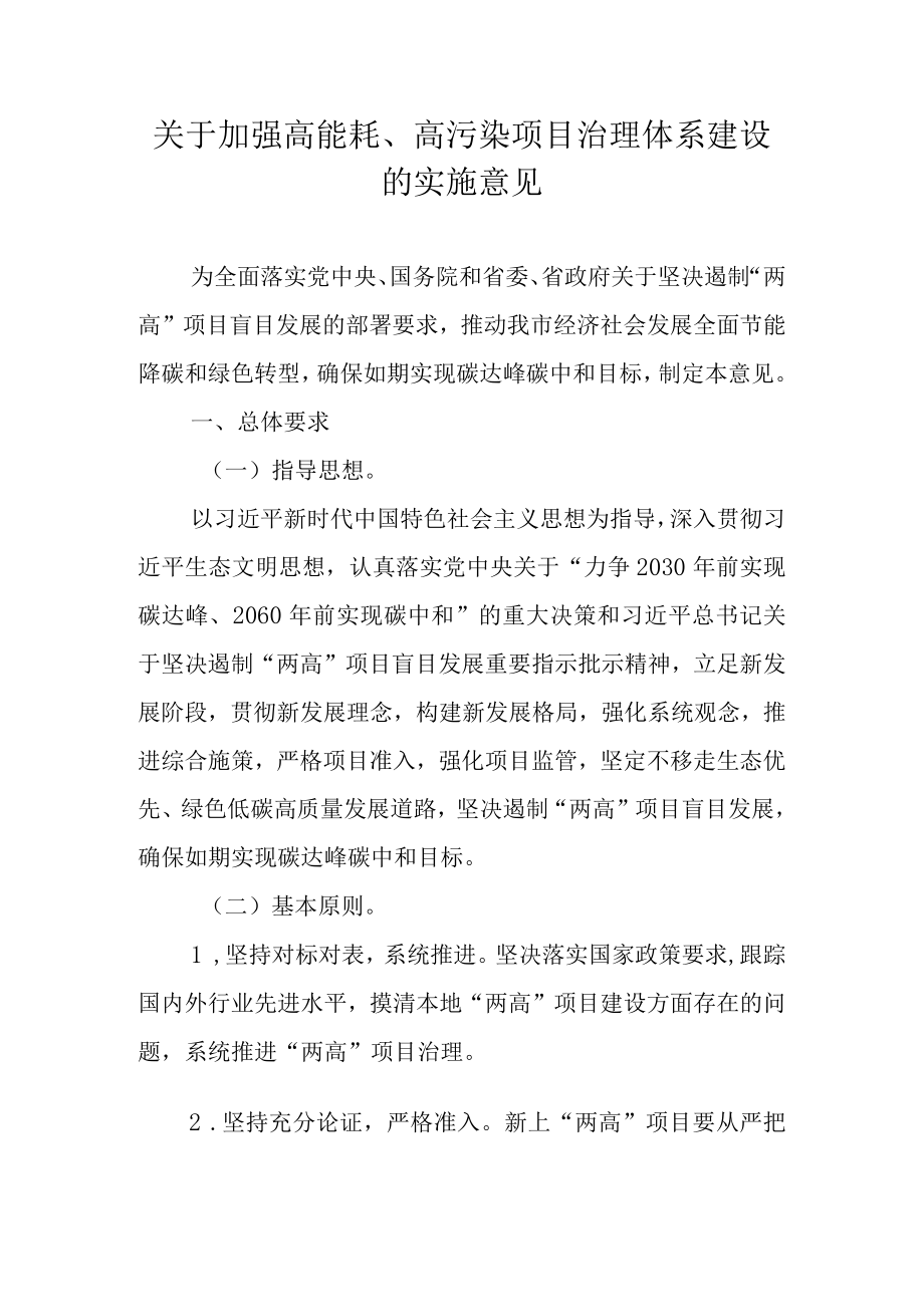 关于加强高能耗、高污染项目治理体系建设的实施意见.docx_第1页