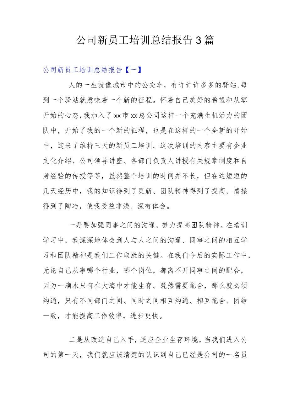 公司新员工培训总结报告3篇.docx_第1页