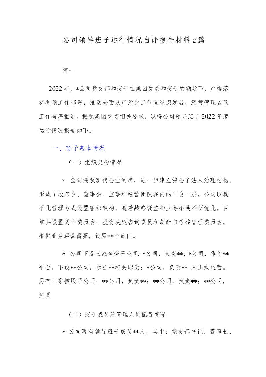 公司领导班子运行情况自评报告材料2篇.docx_第1页