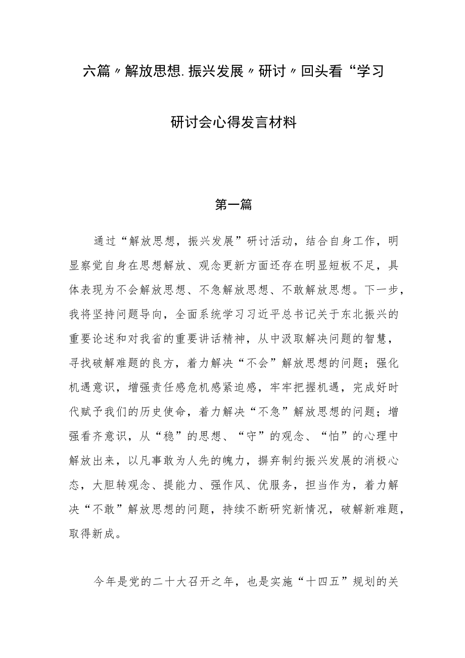 六篇“解放思想、振兴发展”研讨“回头看”学习研讨会心得发言材料.docx_第1页