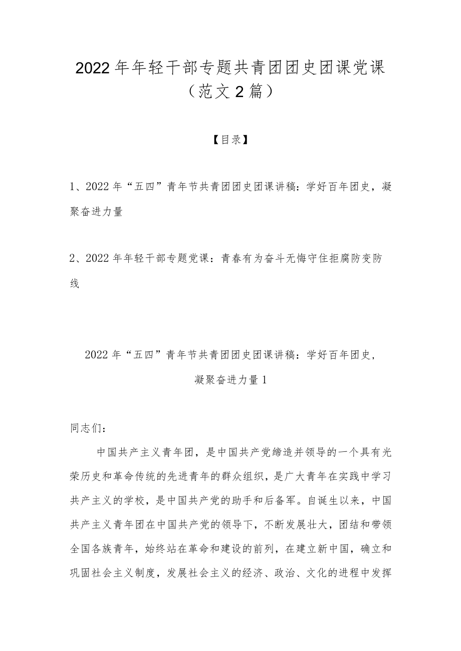 2022轻干部专题共青团团史团课党课（范文2篇）.docx_第1页