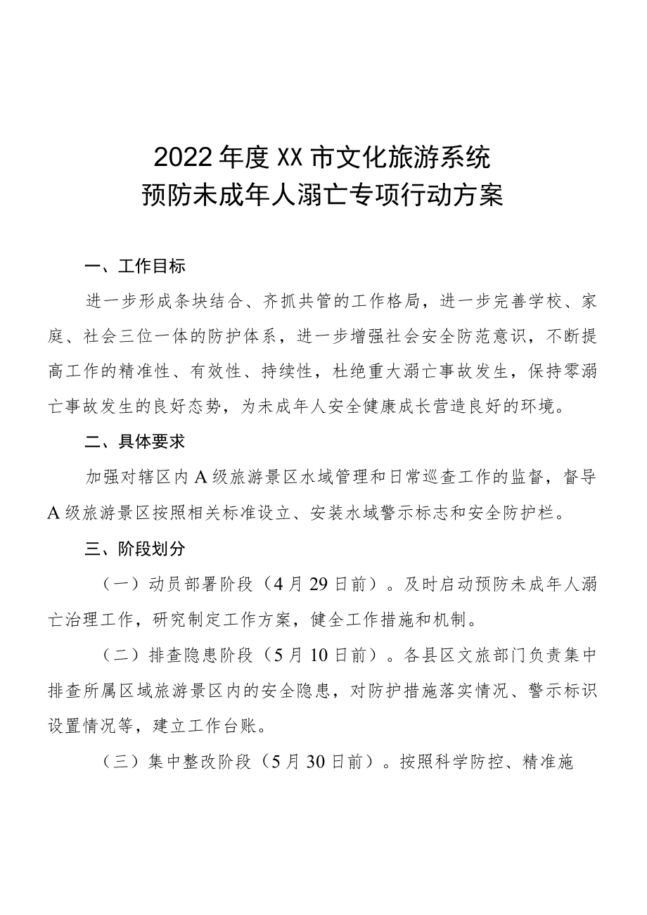 2022XX市文化旅游系统预防未成人溺亡专项行动方案.docx_第1页