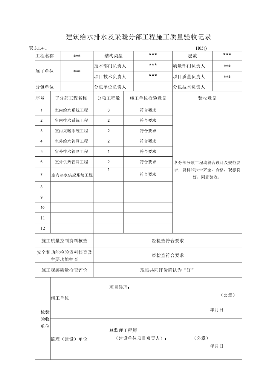 建筑给水排水及采暖分部工程施工质量验收记录.docx_第1页