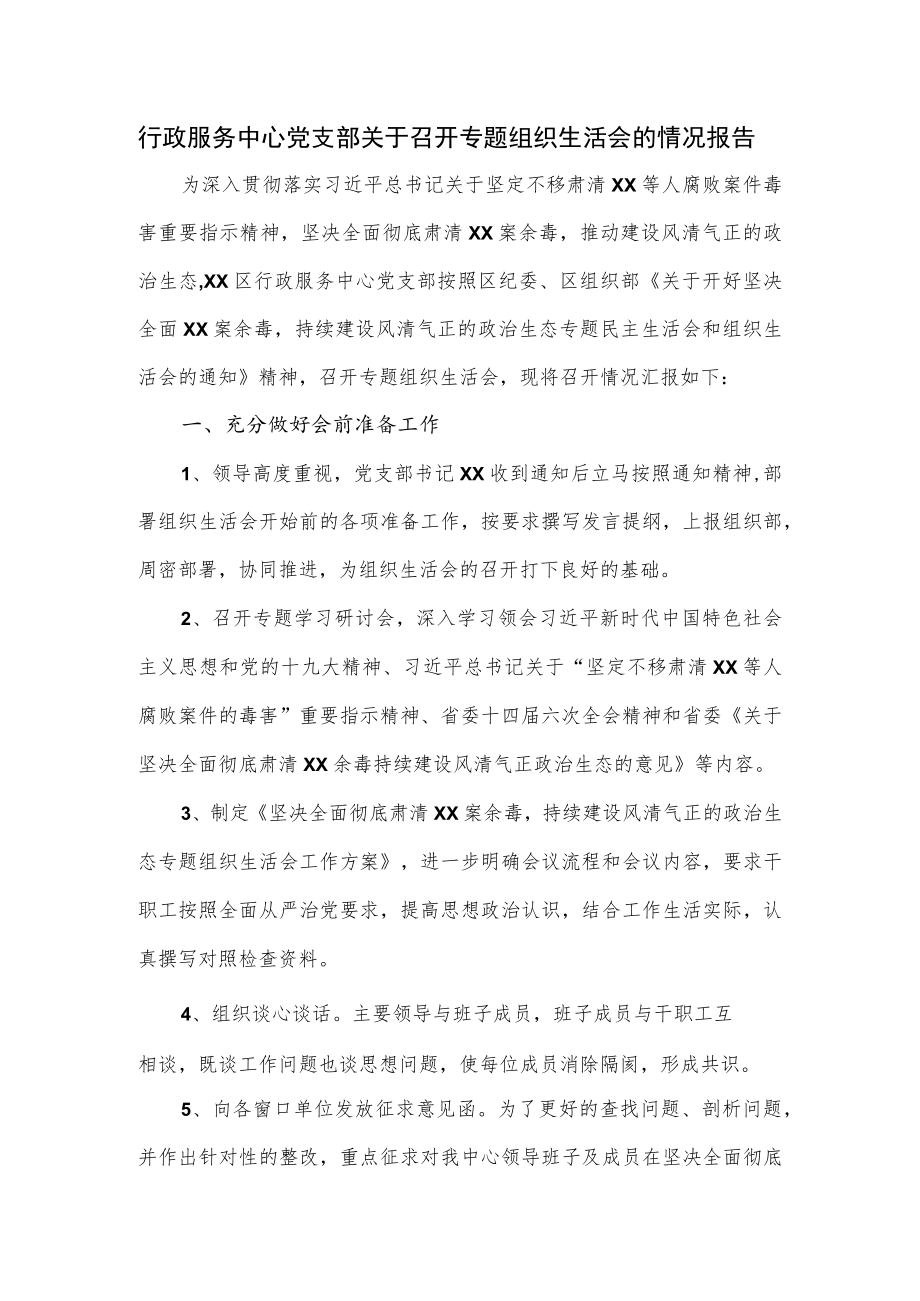 行政服务中心党支部关于召开专题组织生活会的情况报告.docx_第1页