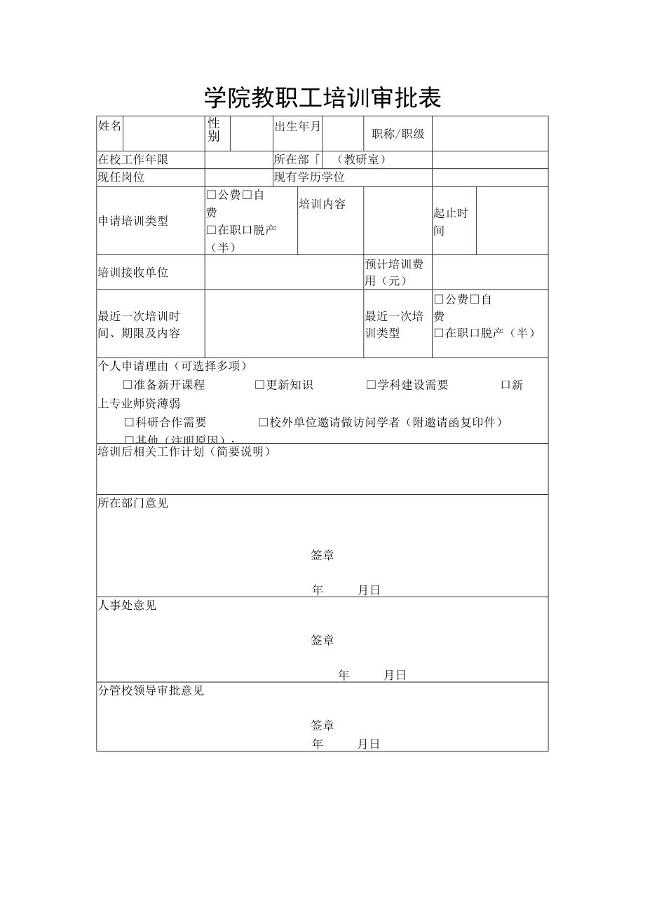 学院教职工培训审批表.docx_第1页