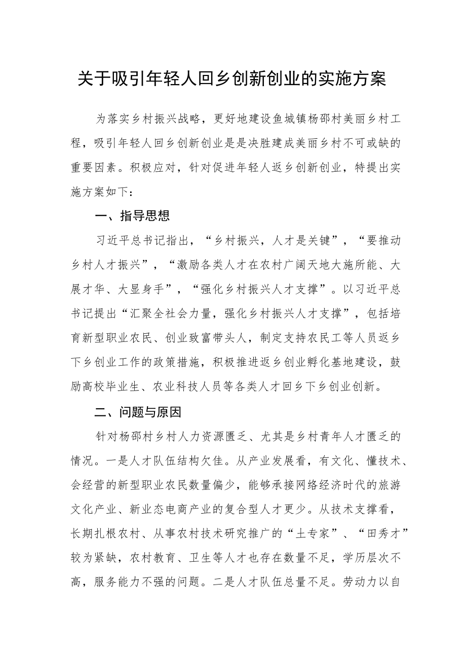 关于吸引年轻人回乡创新创业的实施方案.docx_第1页