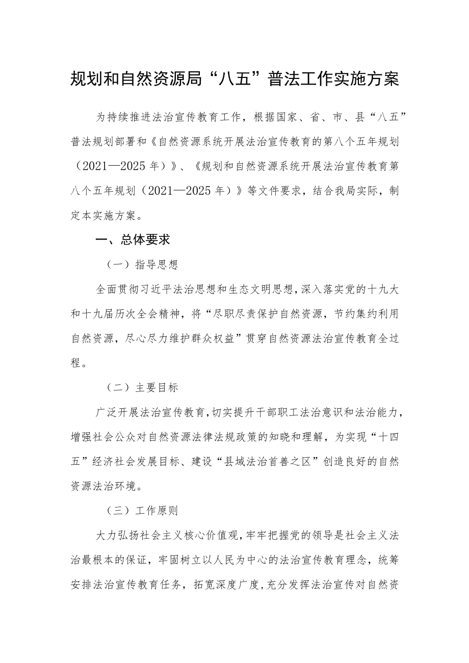 规划和自然资源局“八五”普法工作实施方案.docx_第1页