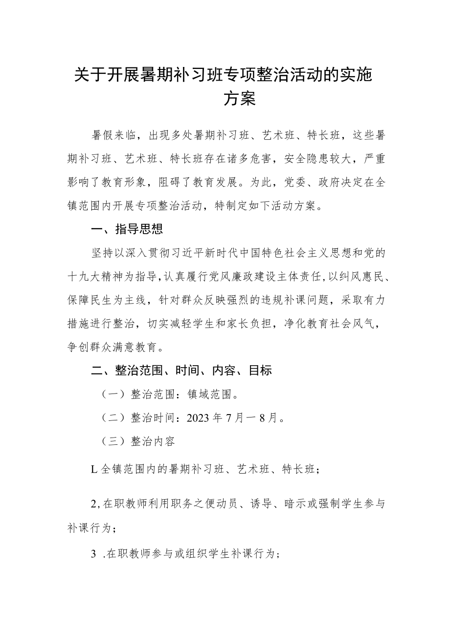 关于开展暑期补习班专项整治活动的实施方案.docx_第1页