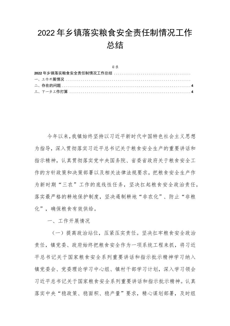 2022年乡镇落实粮食安全责任制情况工作总结.docx_第1页