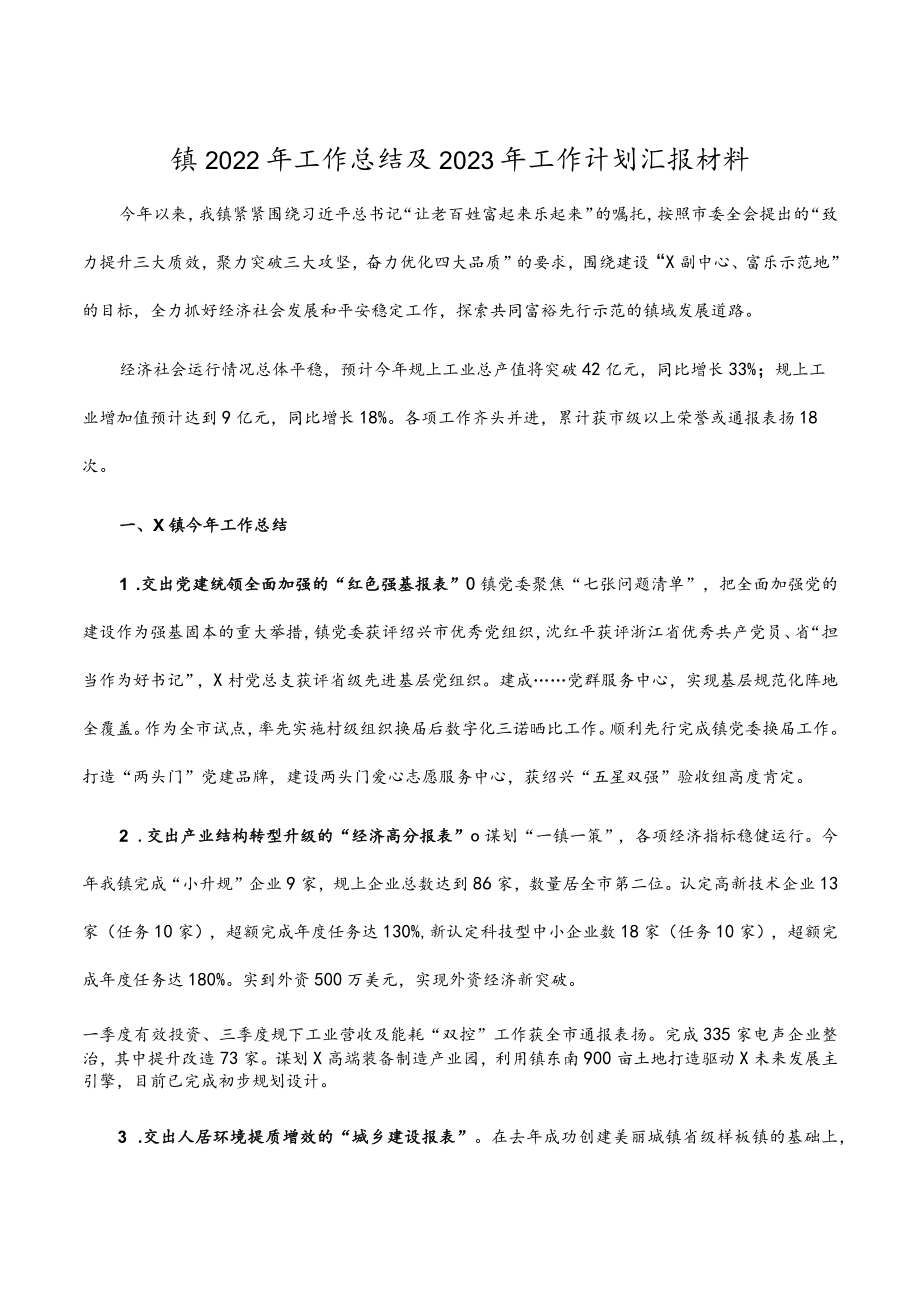 镇2022年工作总结及2023年工作计划汇报材料.docx_第1页