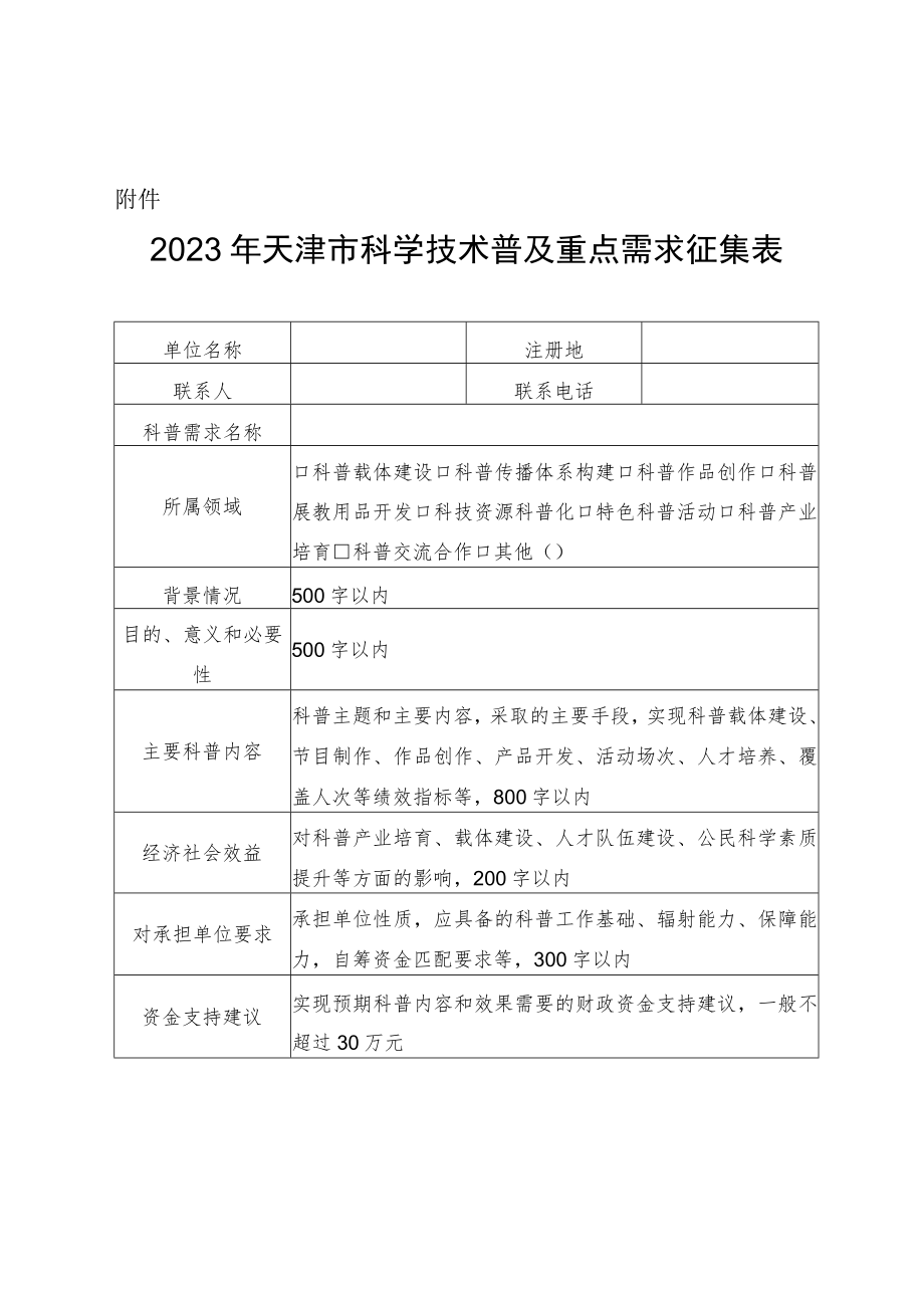 2023年天津市科学技术普及重点需求征集表.docx_第1页