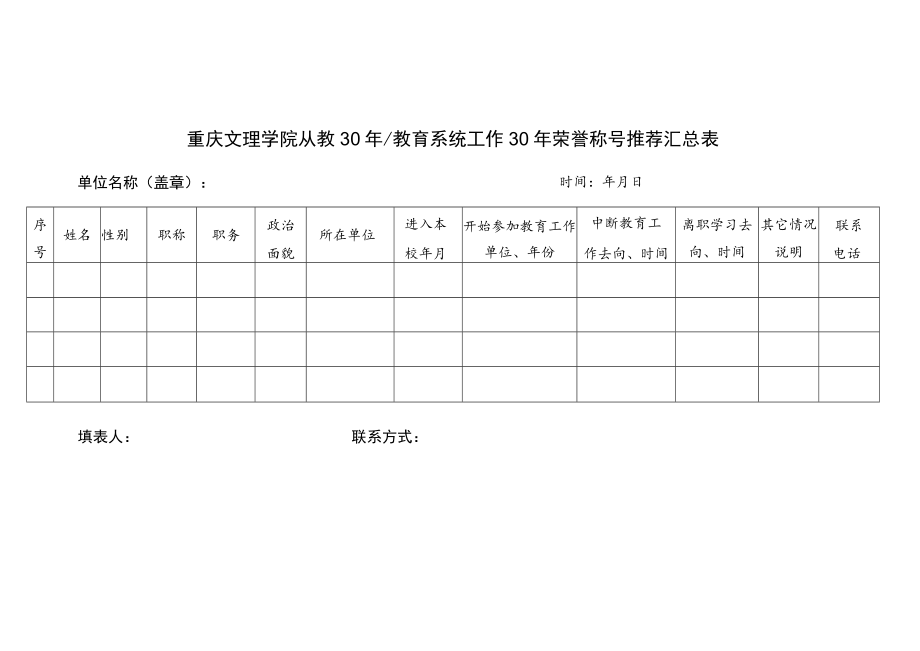 重庆文理学院从教30年教育系统工作30年荣誉称号推荐汇总表.docx_第1页