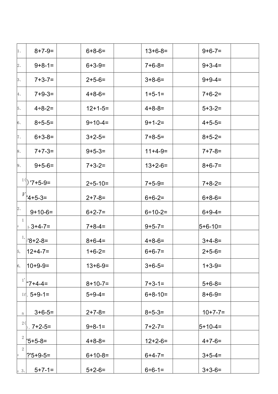 一年级20以内加减法混合运算3000题每页100题已排版.docx_第1页