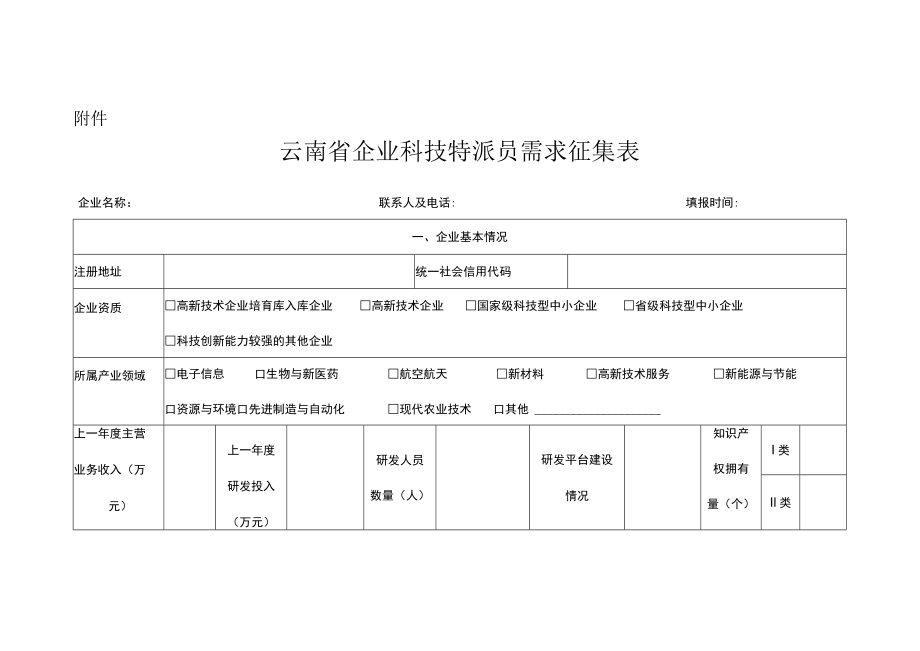 云南省企业科技特派员需求征集表.docx_第1页