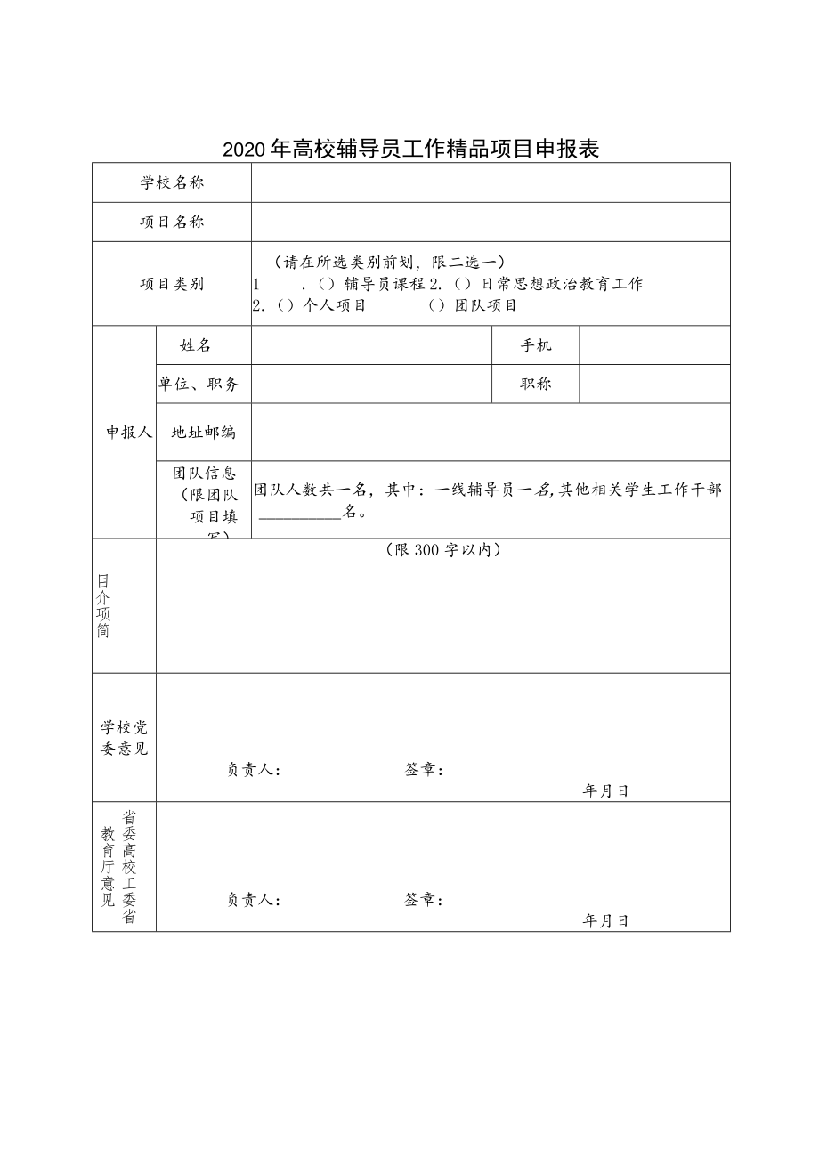 2020年高校辅导员工作精品项目申报表.docx_第1页