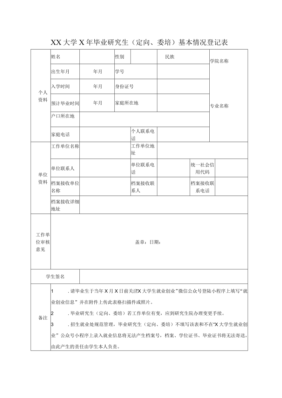 XX大学X年毕业研究生（定向、委培）基本情况登记表.docx_第1页