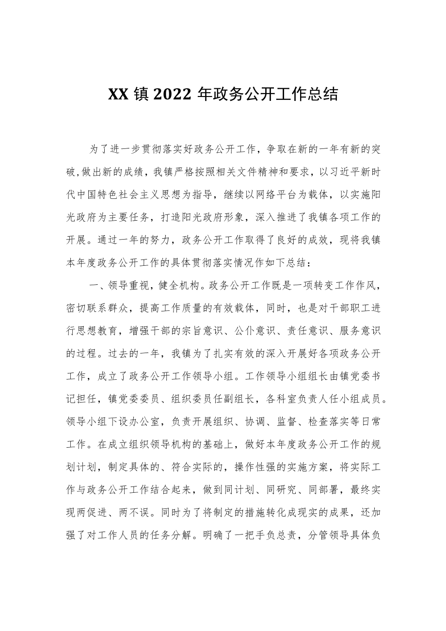 XX镇2022年政务公开工作总结.docx_第1页