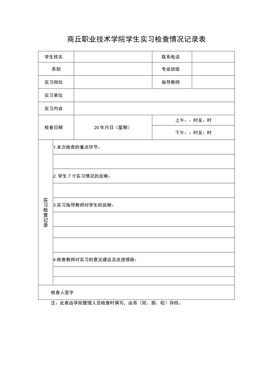 商丘职业技术学院学生实习检查情况记录表.docx_第1页