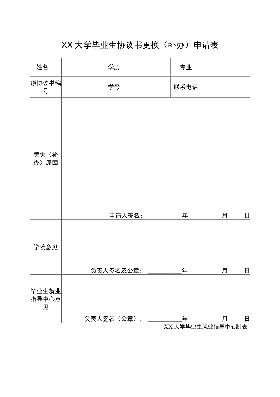 XX大学毕业生协议书更换（补办）申请表.docx_第1页