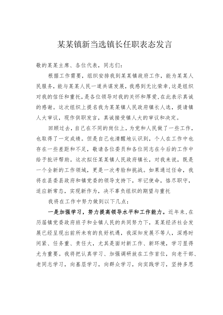 某某镇新当选镇长任职表态发言.docx_第1页