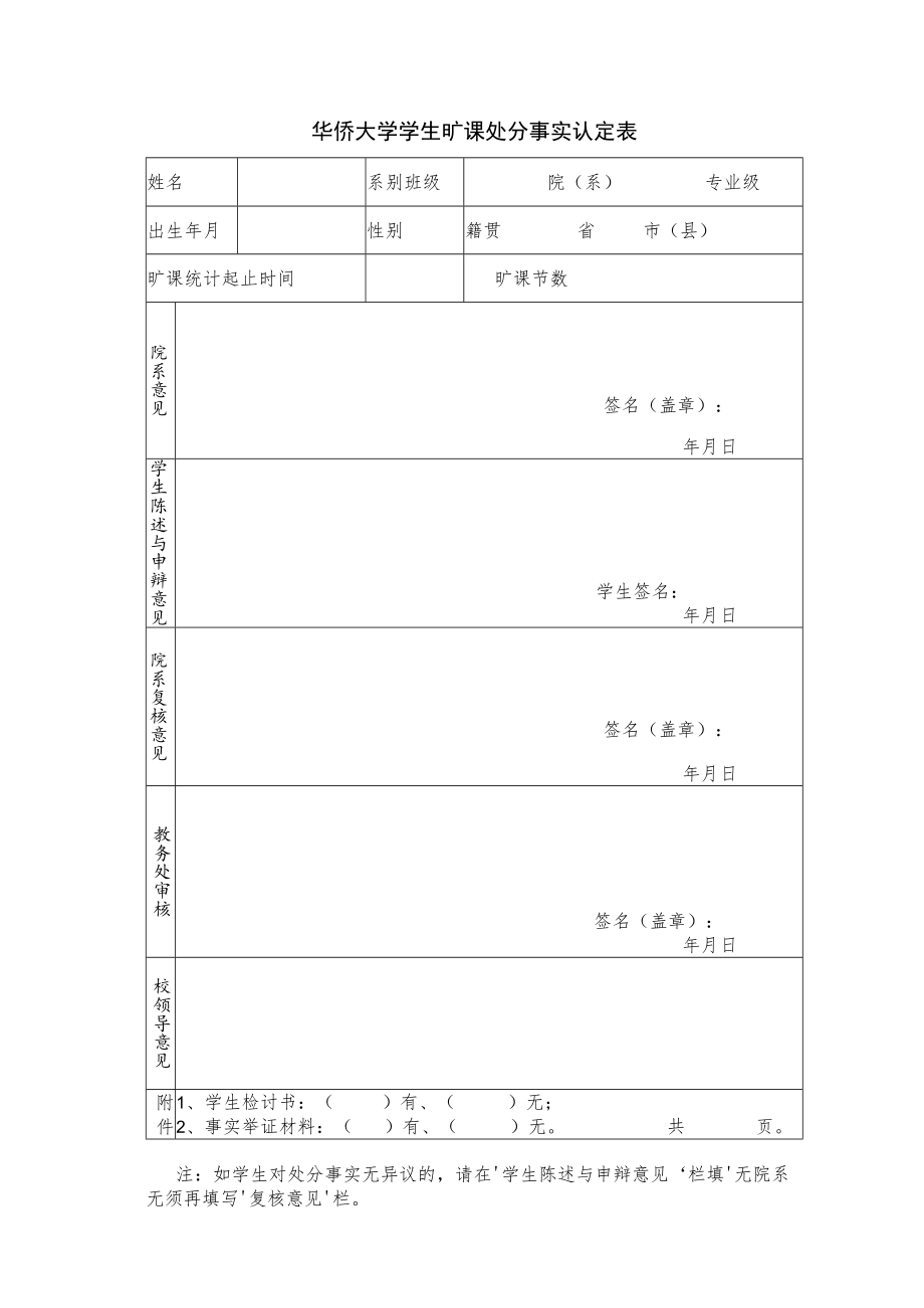 华侨大学学生旷课处分事实认定表.docx_第1页