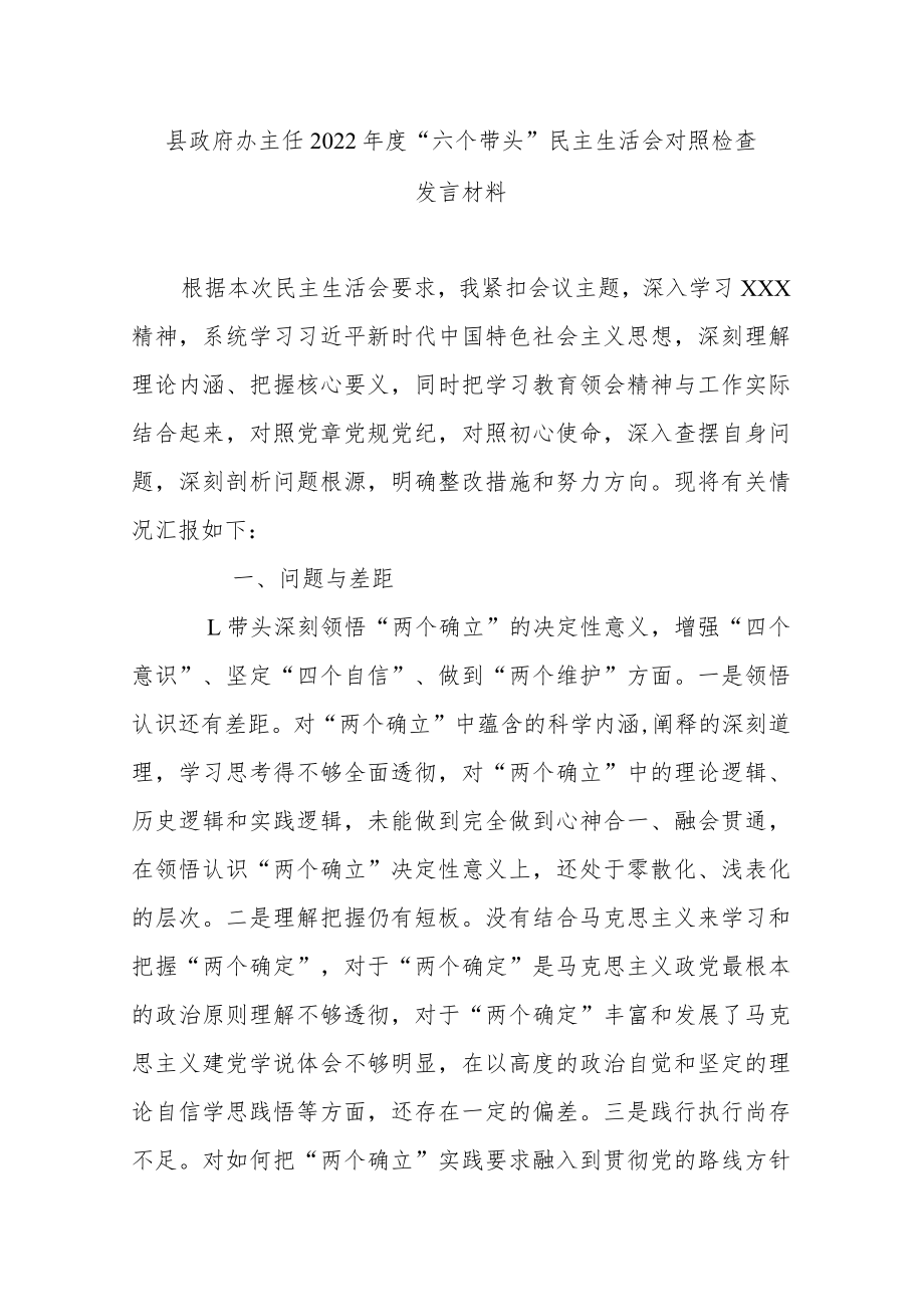 县政府办主任2022年度“六个带头”民主生活会对照检查发言材料.docx_第1页